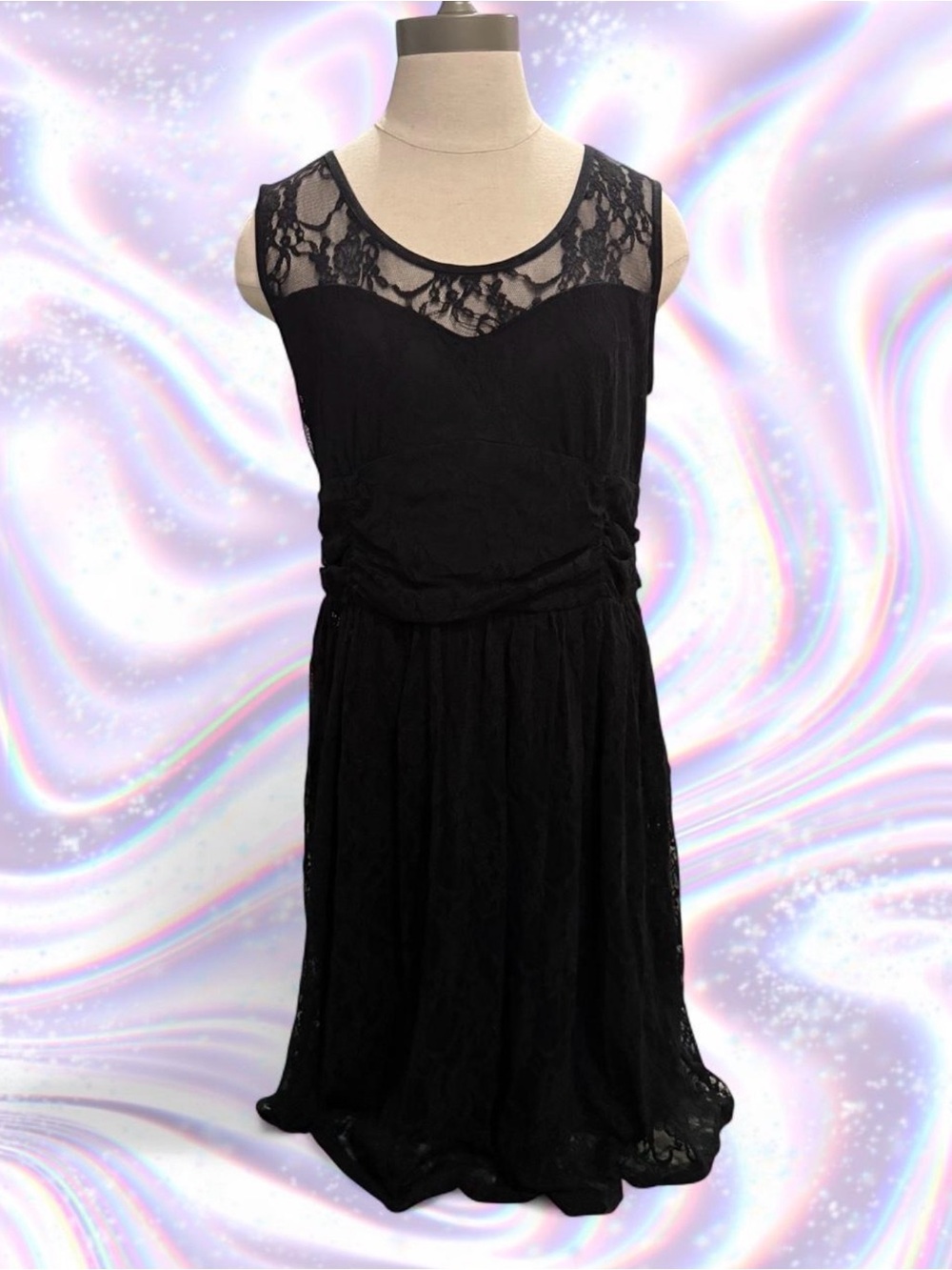 Y2K American Vintage Black Lace Dress Ruched Waist